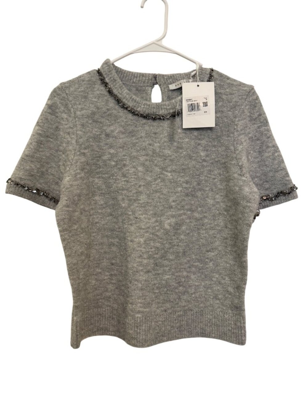 Endless Rose Heather Grey Knit Top With Sequin Trim Short Sleeves And Keyhole Ba